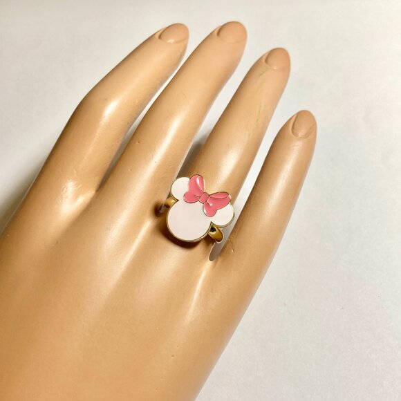 Vintage Disney Minnie Mouse Ring Size 7 8 Pink Bow Signed Adjustable Enamel - Picture 2 of 12